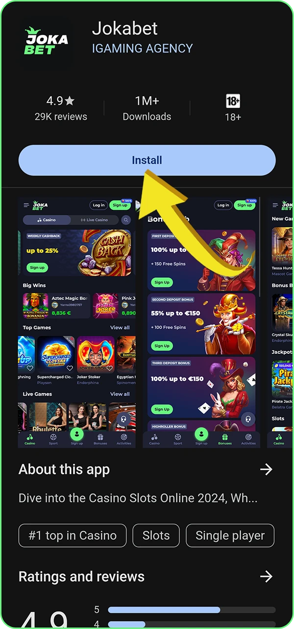 Simple steps to download the APK file of the Jokabet casino app.