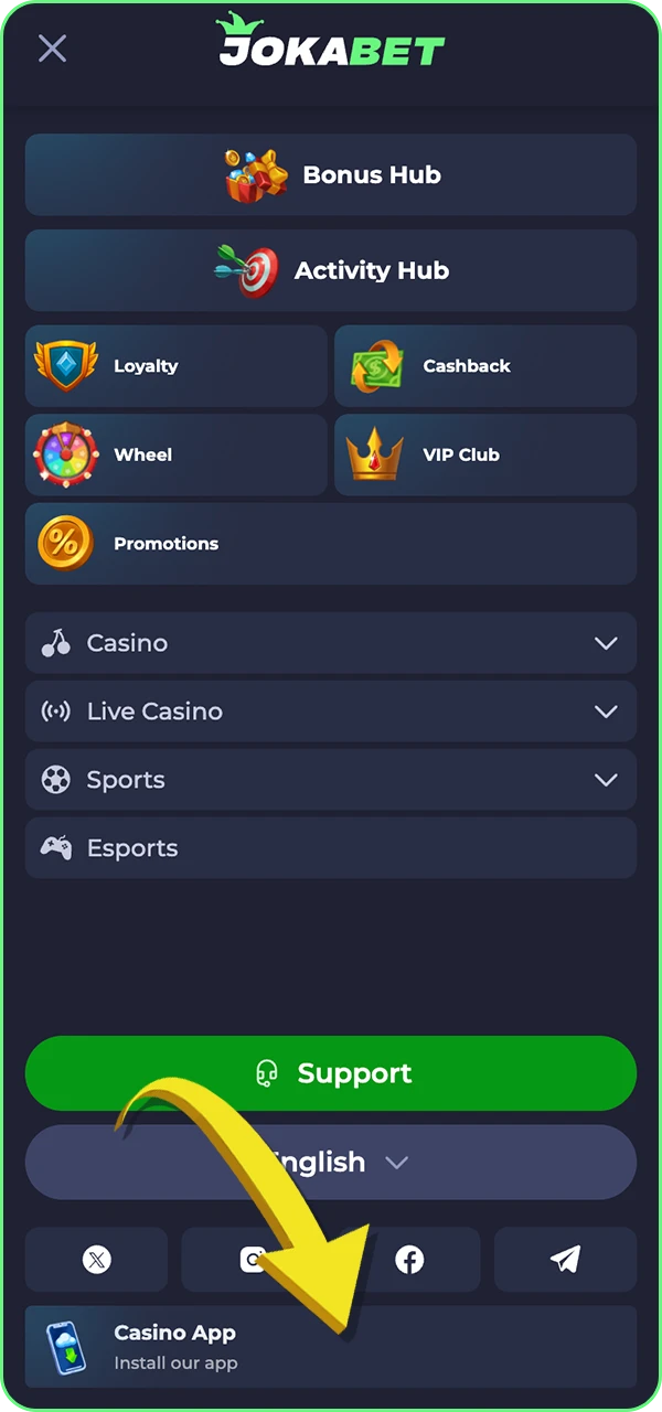 Learn how to navigate to the app page via the menu to download the Jokabet app.