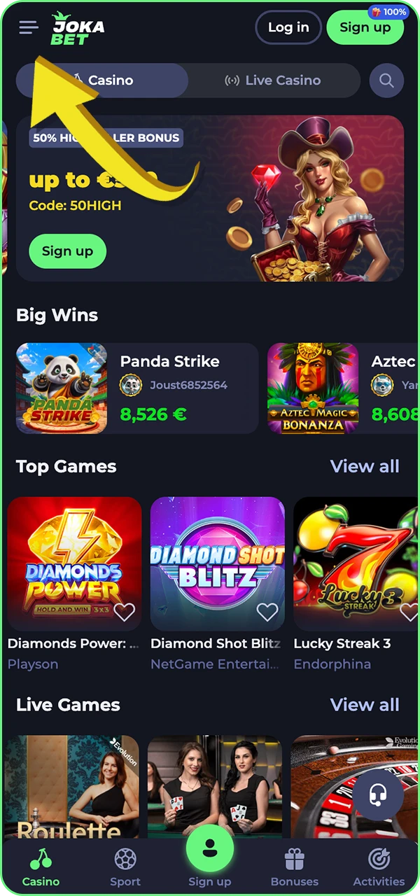 Find out what you need to click to open the menu on the Jokabet casino website.