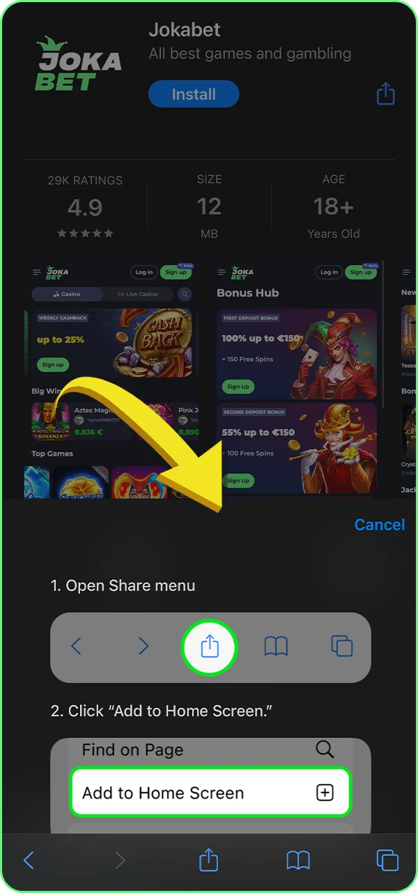 Learn how to add the Jokabet casino app to your home screen on ios.