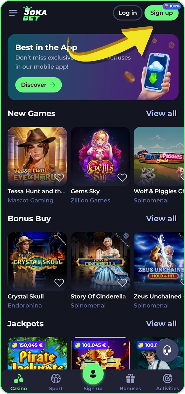 Find out where the Sign up button is located at Jokabet casino.