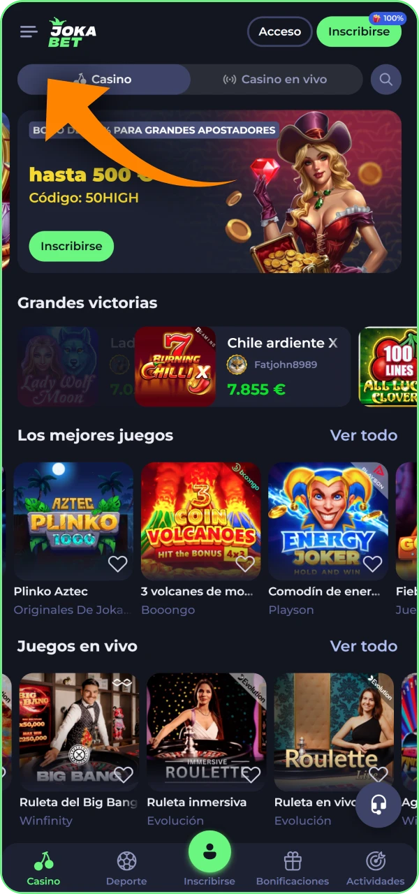 Descubre donde hacer clic para abrir el menu en el sitio web del casino Jokabet.