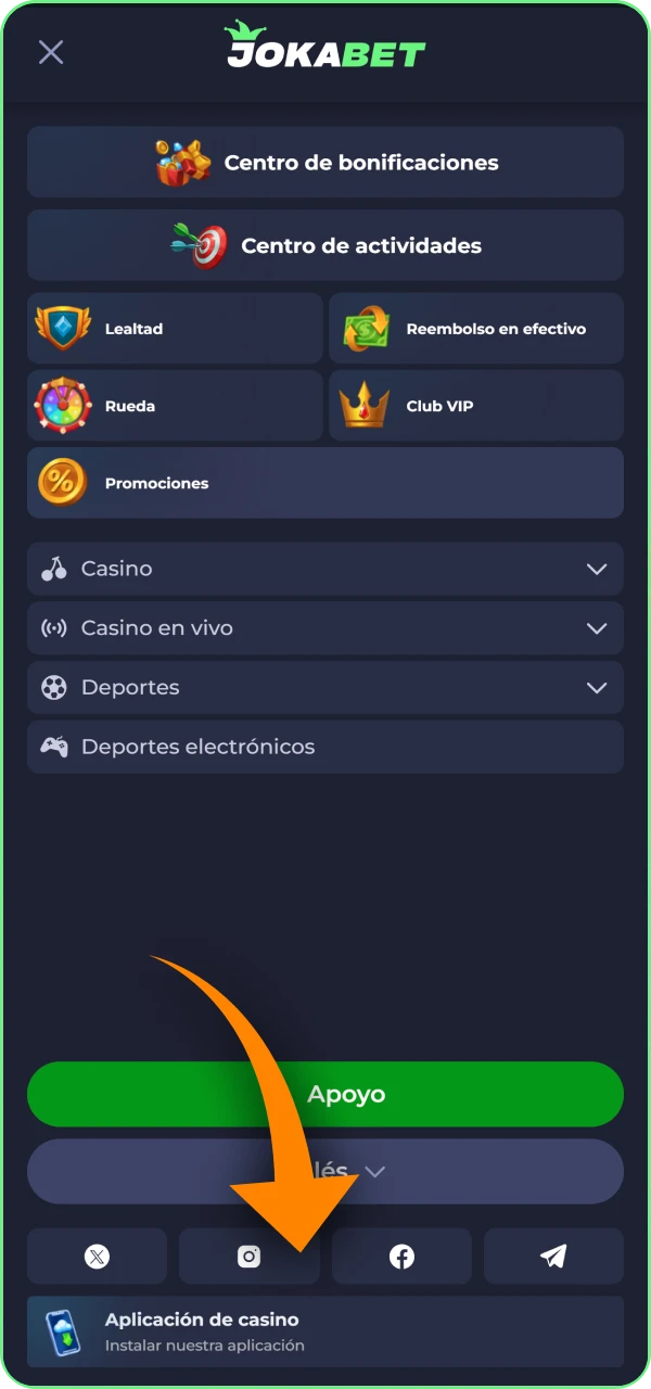 Aprende a navegar hasta la pagina de la aplicacion a traves del menu para descargar la aplicacion Jokabet.