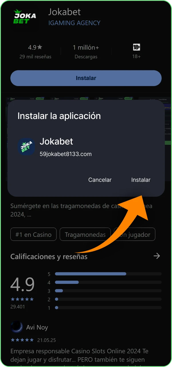Finaliza la descarga de la aplicacion del casino Jokabet haciendo clic en el boton Instalar.