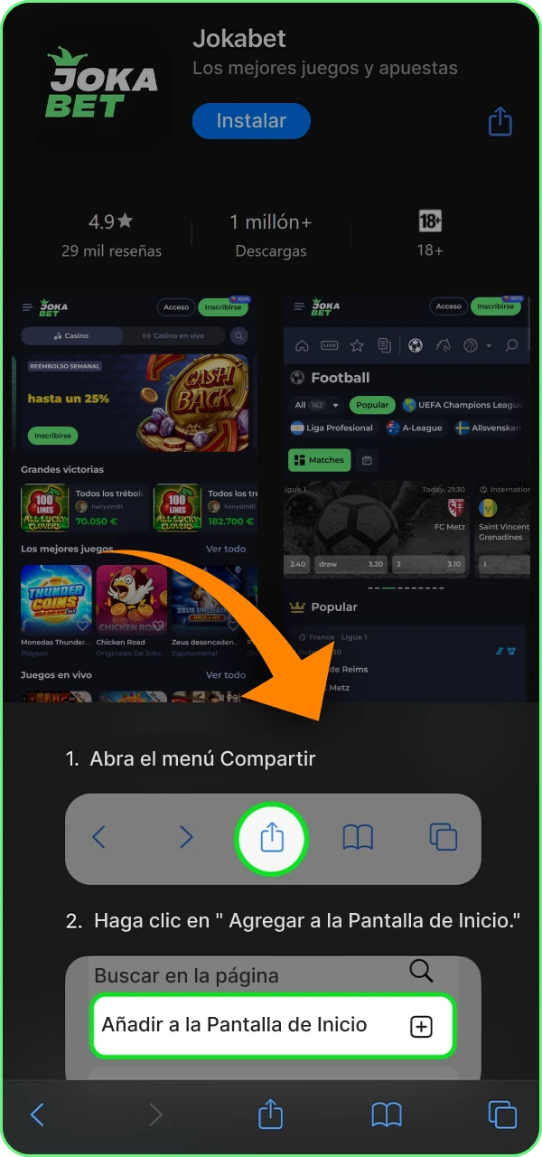 Aprenda a agregar la aplicacion Jokibet casino a su pantalla de inicio en ios.