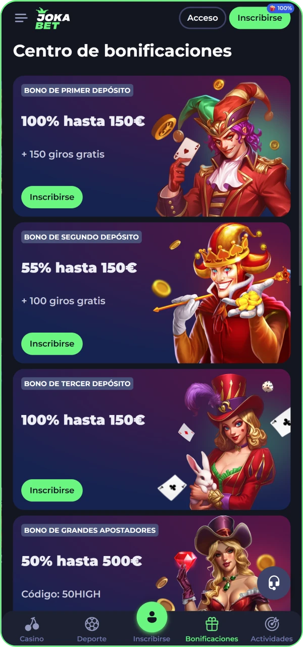 Explora los bonos en la aplicacion del casino Jokabet.