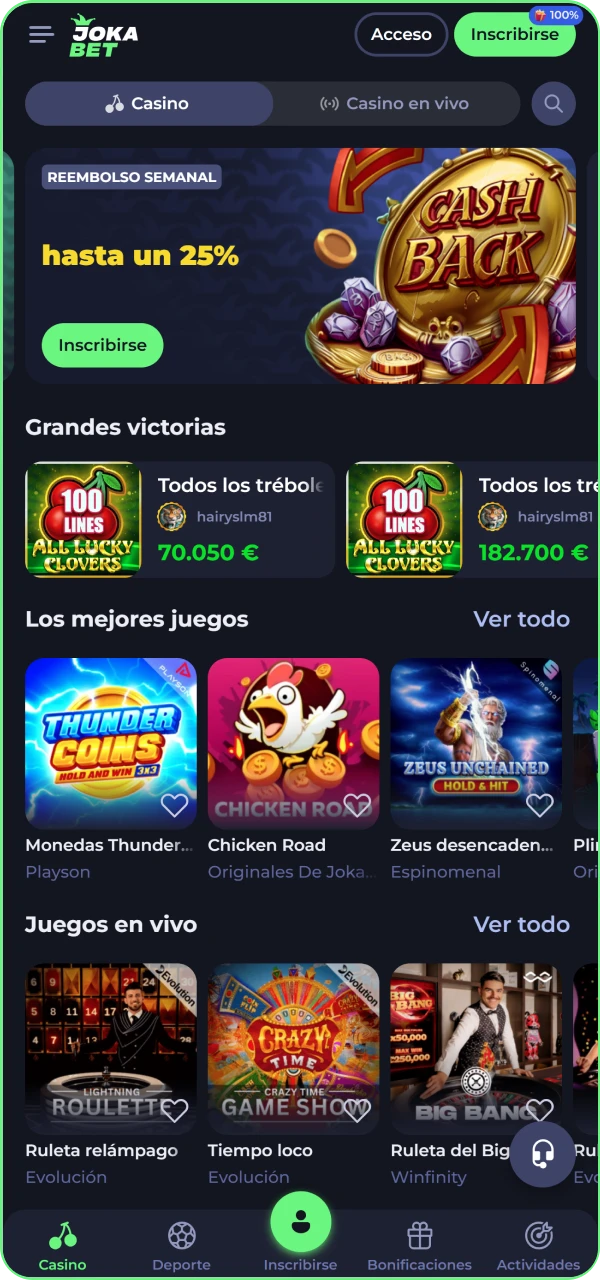 Pantalla de inicio de la aplicacion movil de Jokabet con navegacion y juegos.