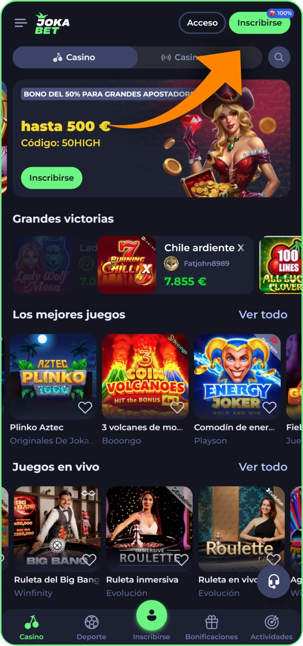 Descubre donde se encuentra el boton «Registrarse» en el casino Jokabet.