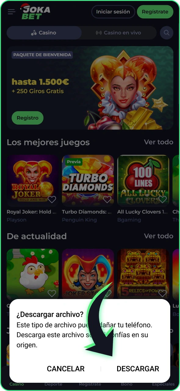 Haz clic en descargar para obtener la última aplicación de Jokabet para Android.