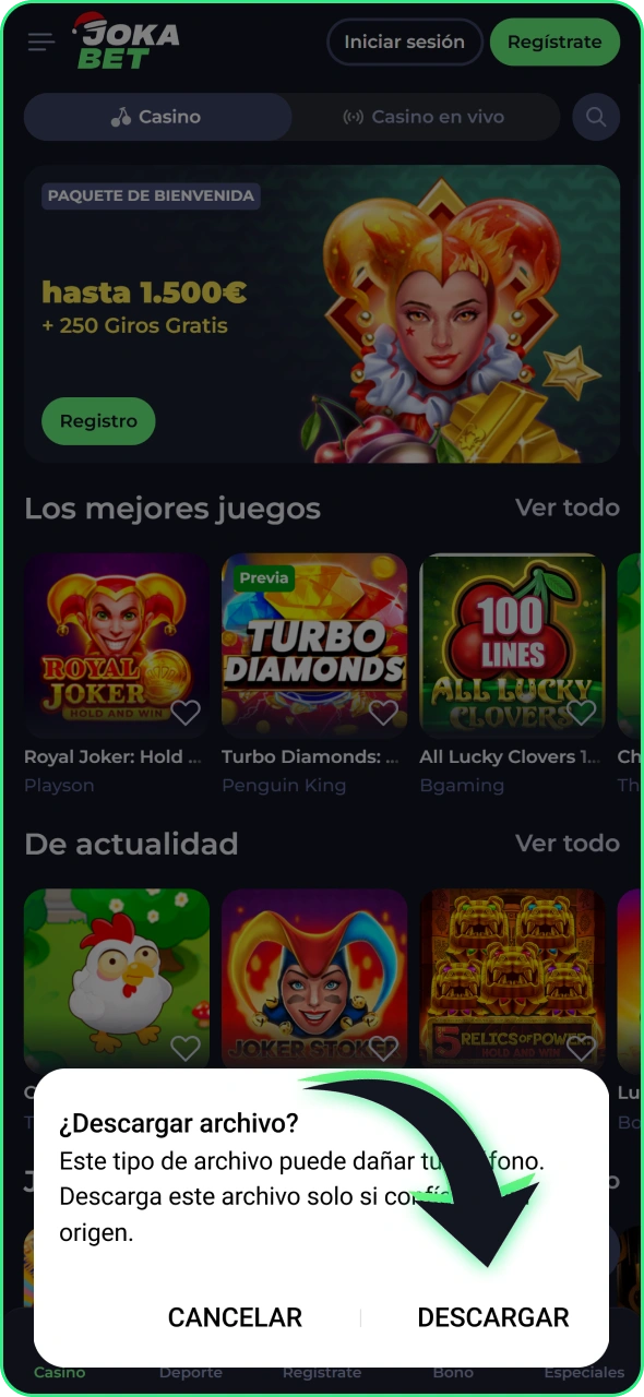 Haz clic en este botón para iniciar la descarga de la aplicación de Jokabet para Android.