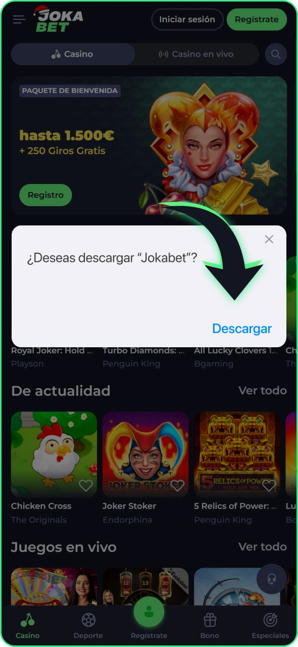 Confirma la descarga de la aplicación Jokabet para iOS.