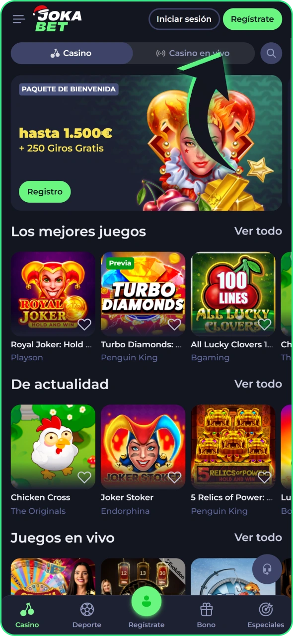 Encuentra el botón de registro en la aplicación de Jokabet Casino.